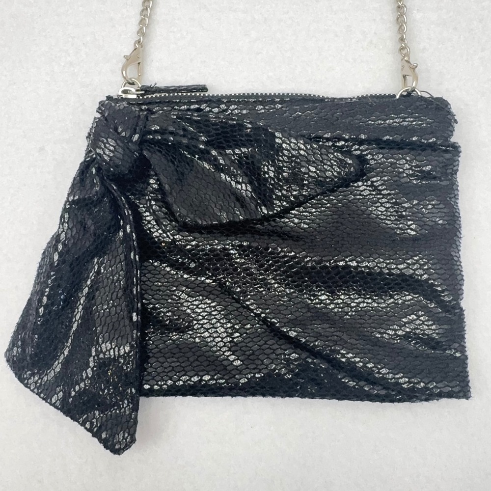 Poppie Jones Black Snakeskin Embossed Bow Crossbody Bag Silver Chain Strap